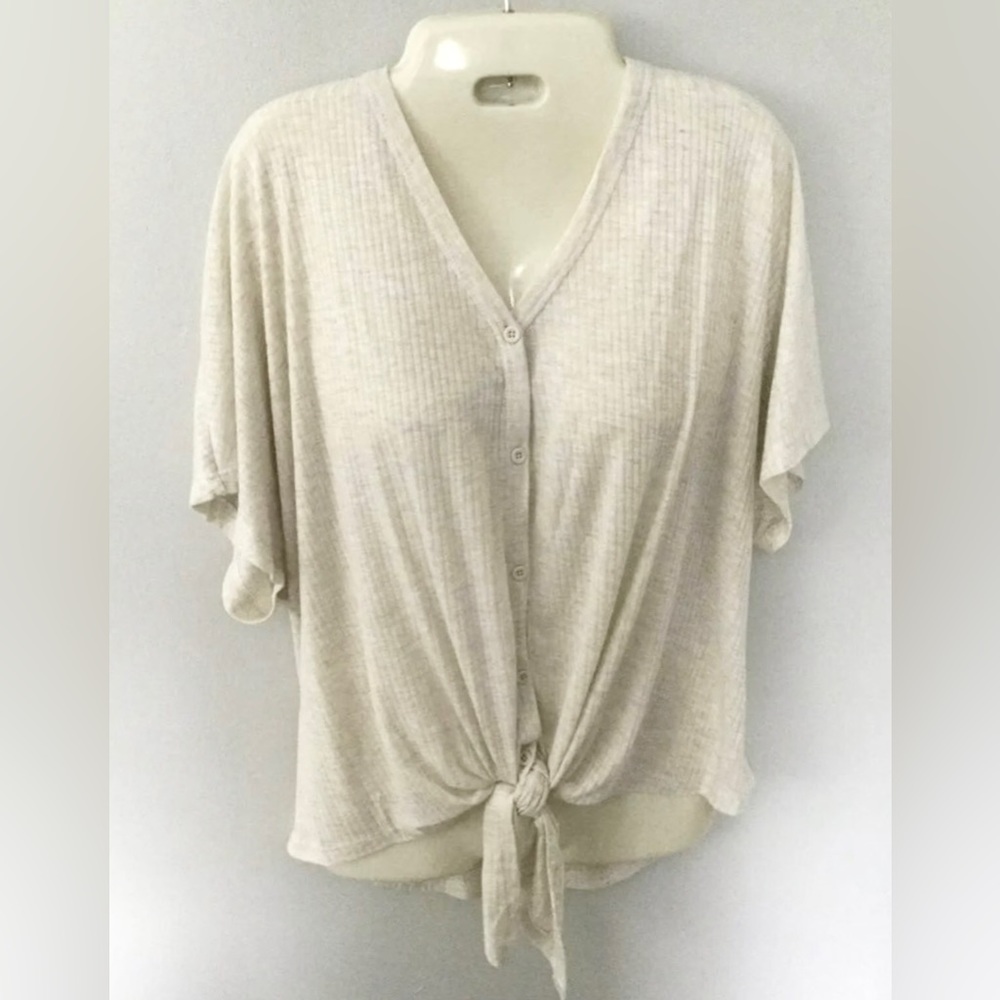 BP Oversized V Neck Top L XL Button Down Tie Front Beige Lightweight Dolman Long